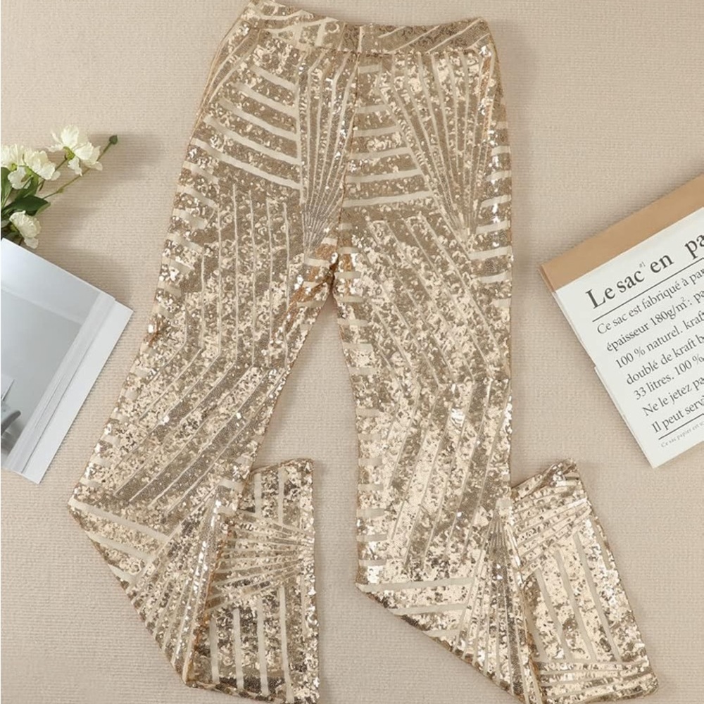 Apricot rose gold champagne sparkly wide leg sequin trousers - Picture 2 of 16